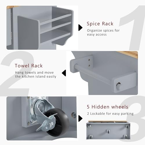 Kitchen Island with Trash Can Storage Cabinet and Power Outlet, Rolling Kitchen Cart on Wheels with Drop Leaf, Spice Rack, Towel Rack and Adjustable Shelf for Dining Room (60", Grey Blue) - color: Grey Blue