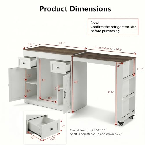 ARTETHYS 48”- 80” Extendable Kitchen Island with Fridge Storage for Kitchen | White Expanded Kitchen Counter with Compartment & Drawers, Sideboard Buffet Table with Cabinet and Side Rack - color: White