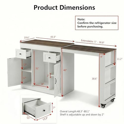 ARTETHYS 48”- 80” Extendable Kitchen Island with Fridge Storage for Kitchen | White Expanded Kitchen Counter with Compartment & Drawers, Sideboard Buffet Table with Cabinet and Side Rack - color: White