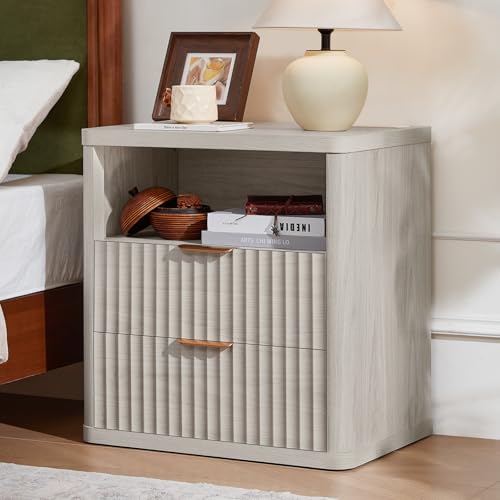 LEYAOYAO Fluted Nightstand with Charging Station, 23" Wide 2 Drawers Night Stand,LightGrey End Table with Open Storage,Farmhouse Bed Side Tables, Wood Dresser for Bedroom, Living Room, Closet - color: Light Grey, size: 2 Drawers