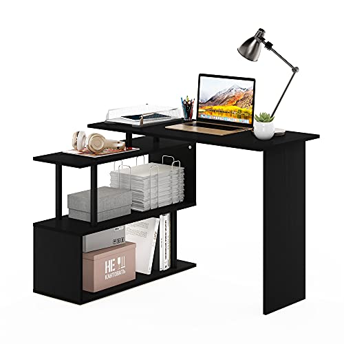 Furinno Moore L-Shape Computer Desk with 3-Tier Shelves, Americano - color: Americano/Black, style: 3-Tier Shelves Desk