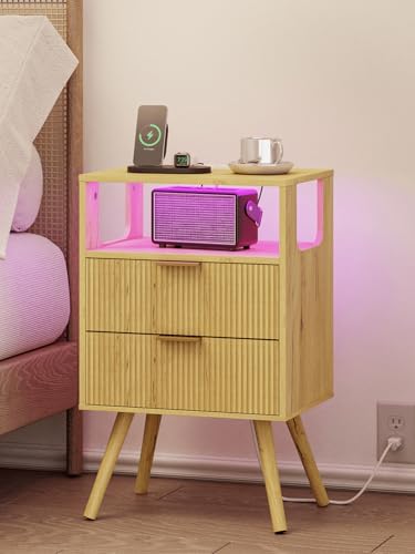 Leomonio Nightstand, Modern Bedside Table with 2 Storage Drawer and Open Wood Shelf for Bedroom and Small Spaces, Night Stand with Solid Wood Legs (Yellow Oak-Outlet) - color: Yellow Oak-outlet