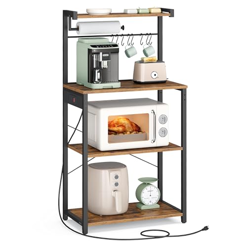 VASAGLE BARNET Collection - Kitchen Bakers Rack with Power Outlet, 23.6-Inch Wide Coffee Bar 4-Tier with 8 S Hooks, Modern Microwave Stand, Adjustable Shelf, Rustic Brown and Ink Black UKKS014K01V1 - color: Rustic Brown + Ink Black, size: 23.6"W