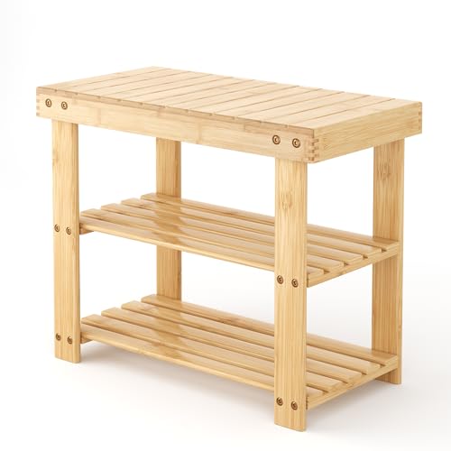 OLIXIS 3-Tier Bamboo Shoe Rack Bench, Free Standing Wooden Storage Organizer for Entryway Closet Small Space, Stackable, 286 lb Load Capacity, 11.2x19.7x17.9 Inches, Deep Wood - color: Deep Wood, size: 11.2"W x 19.7"L x 17.9"H