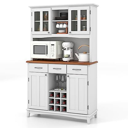 PETSITE Kitchen Pantry Storage Cabinet, Freestanding Microwave Cupboard with Tempered Glass Cabinet, Wine Rack, Adjustable Shelves, Buffet with Hutch for Living Room, Dining Room, White