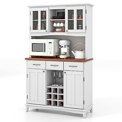 PETSITE Kitchen Pantry Storage Cabinet, Freestanding Microwave Cupboard with Tempered Glass Cabinet, Wine Rack, Adjustable Shelves, Buffet with Hutch for Living Room, Dining Room, White