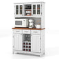 PETSITE Kitchen Pantry Storage Cabinet, Freestanding Microwave Cupboard with Tempered Glass Cabinet, Wine Rack, Adjustable Shelves, Buffet with Hutch for Living Room, Dining Room, White