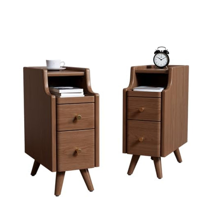 AQIMUELE Narrow Nightstand with Drawers, Wood Bedside Table, Small Walnut Nightstand Set of 2 - color: 2 Pc(walnut), size: 15.74''D*7.87''W*19.68''H