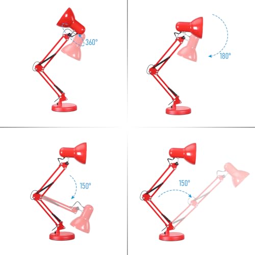 TORCHSTAR Metal Desk Lamp, Adjustable Swing Arm, E26, Red | Architect Gooseneck Multi-Joint Clip Table Lamp with Plastic Clamp, for Home Office, Work, Study, Reading, Bulbs not Included - color: Red