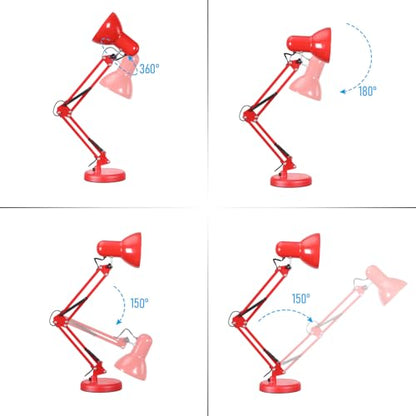 TORCHSTAR Metal Desk Lamp, Adjustable Swing Arm, E26, Red | Architect Gooseneck Multi-Joint Clip Table Lamp with Plastic Clamp, for Home Office, Work, Study, Reading, Bulbs not Included - color: Red