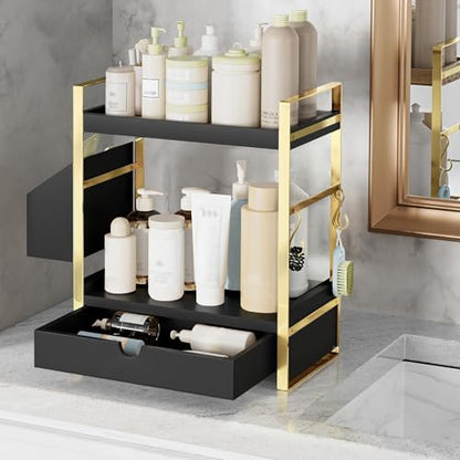 2-Tier Bathroom Counter Organizer, Wooden Vanity Shelf with Drawer & Basket | Pre-Drilled Holes, Skincare & Makeup Countertop Organizer and storage, Black-gold - color: Black-gold