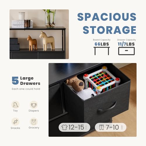 DUMOS TV Stand Dresser with 5 Fabric Storage Drawers, Media Console Featuring Open Shelf for 45 inch TV, Compact Entertainment Unit for Bedroom, Living Space, or Dorm Organization, Black