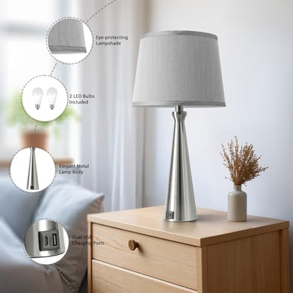 Seealle Modern Table Lamps Set of 2 - Touch Bedside Lamp for Nightstand with Dual USB C+A,3-Way Dimmable Silver Nightstand Lamps for Living Room Bedroom End Table with Grey Shade(Bulb Included) - color: B. Silver-Grey