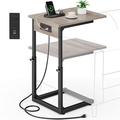 Vagusicc C Shaped End Table with Charging Station, Adjustable Height Side Table for Couch, C Table End Table Couch Table that Slide Under, Sofa Table TV Tray Arm Tables for Living Room, Bedroom, Gray - color: Greige, style: Charging Station