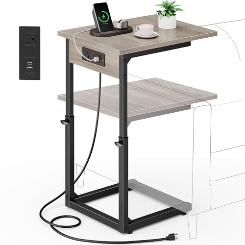 Vagusicc C Shaped End Table with Charging Station, Adjustable Height Side Table for Couch, C Table End Table Couch Table that Slide Under, Sofa Table TV Tray Arm Tables for Living Room, Bedroom, Gray - color: Greige, style: Charging Station
