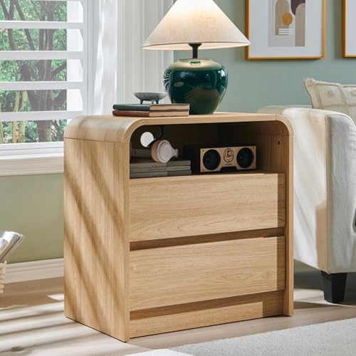 Aitjunz 25" Tall Modern Nightstand with Charging Station, 23.6'' Wide Wood Bedside Table w/2 Storage Drawers, Large Mid Century End Table for Bedroom, Living Room, Curved Profile Design,Natural Oak - color: Natural, size: 1 Piece