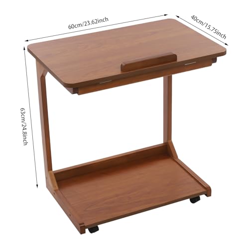 Modern C-Shaped End Table, 2 Tier Sofa Side Table with Wheels and Adjustable Desktop Small TV Tray Tables for Living Room Bedroom Apartment (Walnut, 60cm) - color: Walnut, size: 60cm