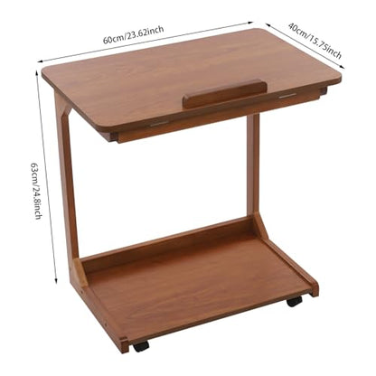 Modern C-Shaped End Table, 2 Tier Sofa Side Table with Wheels and Adjustable Desktop Small TV Tray Tables for Living Room Bedroom Apartment (Walnut, 60cm) - color: Walnut, size: 60cm