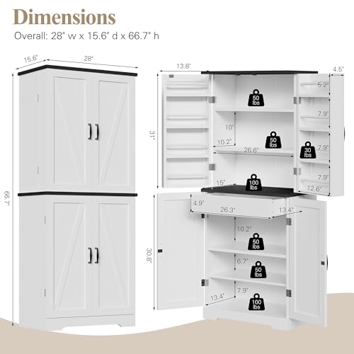 Vongrasig Kitchen Pantry Storage Cabinet with Barn Doors, Drawer and Adjustable Shelves, 6-Tier Tall Rustic Wood Cupboard Locker for Kitchen, Dining Room, Living Room, Bathroom, (White) - color: White