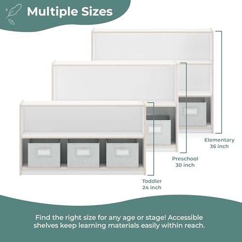 Guidecraft EdQ Two Shelf Open Storage 24'' White with 3 Fabric Bins: Wooden Organizer Cabinet for School and Home, Teacher's Book Cubby and Toy Shelf - color: White