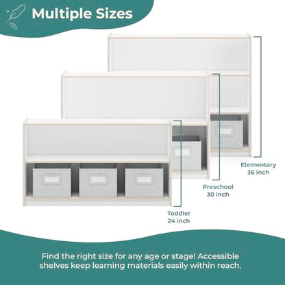 Guidecraft EdQ Two Shelf Open Storage 24'' White with 3 Fabric Bins: Wooden Organizer Cabinet for School and Home, Teacher's Book Cubby and Toy Shelf - color: White