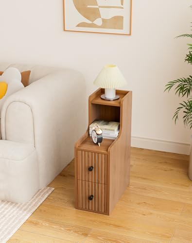 Narrow Side Table with 2 Drawers, Mid Century Modern Slim Night Stand with Storage, Wooden End Table for Small Spaces, Bedroom, Living Room（No Charging Station）