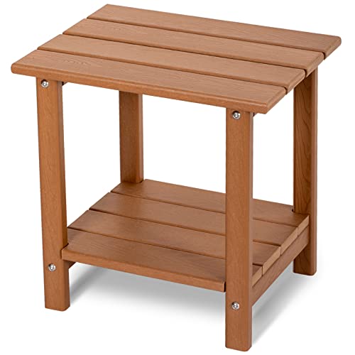 2 Tier Outdoor Side Table with Wood-Like Grain, 16.6" HDPE Adirondack Table Patio Side Table, Weather Resistant End Table for Pool, Patio & Porch, Small Outdoor Table(Teak, Rectangle) - color: Teak-wood Like, style: Rectangle