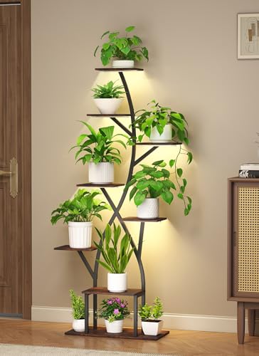 Plant Stand Indoor with Grow Lights 65" Tall Plant Shelf Corner Lighted Plant Stands for Indoor Growing Multiple Metal 8 Tiered Large S-Shape Display Shelves Plant Rack for Home Decor Patio Balcony - color: Black-65"
