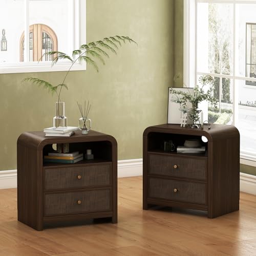 Oak&Sparrow Rattan Nightstand Set of 2, 23.6'' Rattan End Table with Ample Storage, Boho Nightstand with Charging Station, Thickened Curved Profile Design, Oak Nightstands for Living Room, Bedroom - color: Dark Walnut, size: 2 Pieces