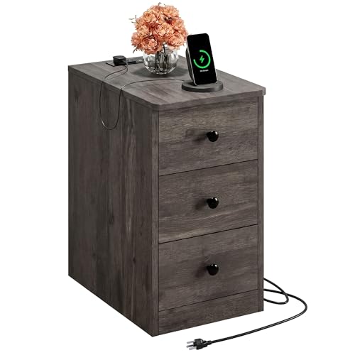 LIKIMIO Nightstand with Charging Station, 3 Drawers Modern for Bedroom - color: Charcoal Grey