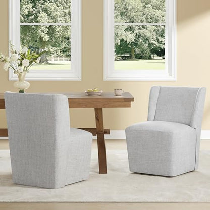 KISLOT Upholstered Dining Chairs Set of 1 with Casters, Wingback Modern Side Armless Deskchair with Rollers for Diningroom Bedroom Livingroom Reading Room, Light Grey Fabric - color: A Light Grey Fabric, size: Set of 1