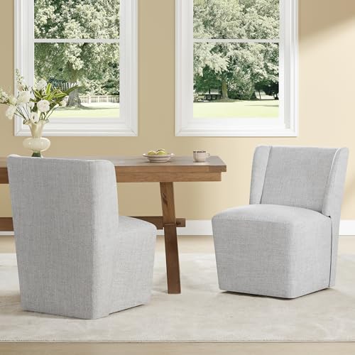 KISLOT Upholstered Dining Chairs Set of 2 with Casters, Wingback Modern Side Armless Deskchair with Rollers for Diningroom Bedroom Livingroom Reading Room, Light Grey Fabric - color: A Light Grey Fabric, size: Set of 2