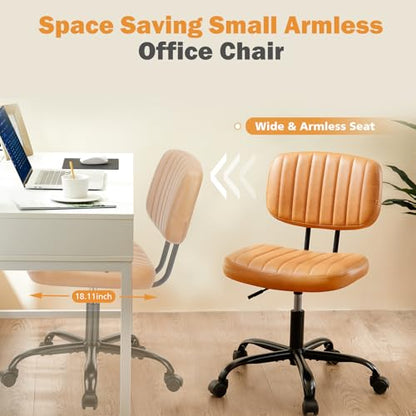 Sweetcrispy Small Office Desk Chair, Armless PU Leather with Comfy Lumbar Support, Height Adjustable Rolling Swivel Task for No Arms, for Adult, Student, Bedroom, Home, Vanity, Brown - color: Leather Brown