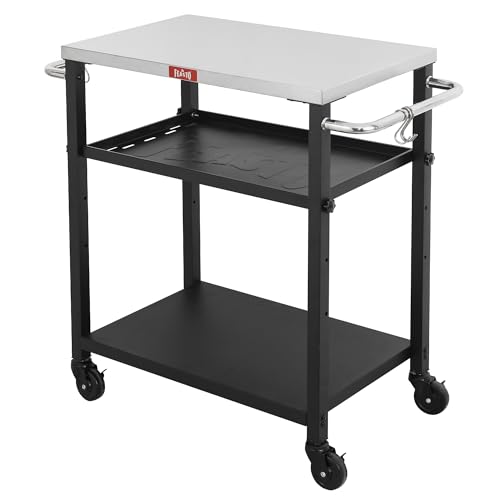 Feasto 3-Tier Outdoor Grill Cart, 26.6" x 16.1" Rolling Pizza Oven Table | Compact Stainless Top for Pizza Ovens & Griddles, Outdoor Bar Cart with S-Hooks for Patio Parties, Deck Dining & Camping - size: Compact