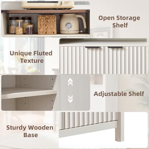 BuildHom 32 Inch Fluted Sideboard Buffet Cabinet with Storage Antique White | Coffee Bar Cabinet with Open Shelf and 5-Level Adjustable Shelves, Farmhouse Storage Cabinet for Kitchen and Dining Room - color: Antique White