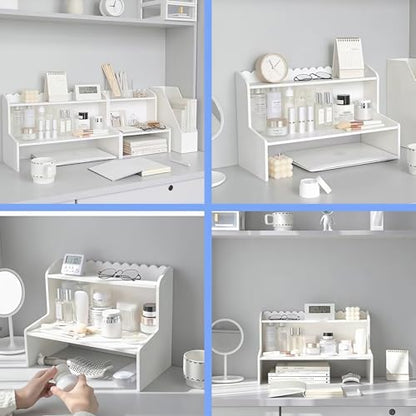 White Desktop Shelf,2-Tier Countertop Organizer with Scalloped Edge,Freestanding Tabletop Storage Rack for Office,Bedroom,Cosmetics,Stationery,Small Items,Space-Saving Display Stand (M)