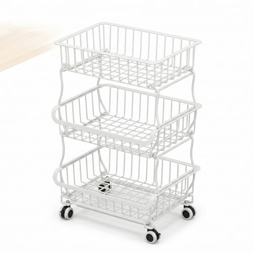 3-Tier Rolling Pantry Floor Organizer and Storage Cart with Lockable Wheels, Heavy-Duty Stackable Wire Baskets, Multi-Purpose Kitchen Storage Rack for Fruits, Snacks, Onions, Potatoes & Pantry Shelves