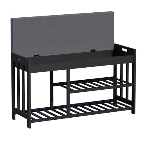 Shoe Rack Bench with Cushion,2 Tiers Shoe Bench with Flip-Top Storage,Wood Shoe Rack for Entryway, Hallway, Bedroom, Front Door Entrance (Black) - color: Black