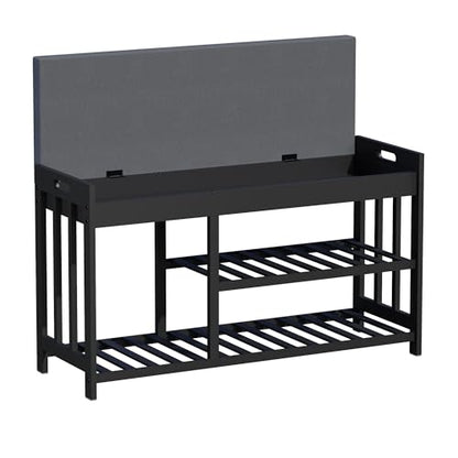 Shoe Rack Bench with Cushion,2 Tiers Shoe Bench with Flip-Top Storage,Wood Shoe Rack for Entryway, Hallway, Bedroom, Front Door Entrance (Black) - color: Black
