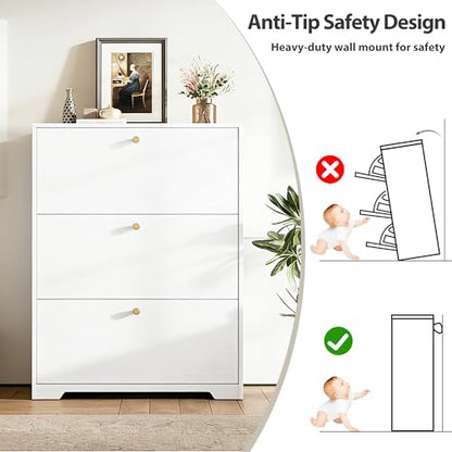 Nicetree Shoe Cabinet with 3 Flip Drawers, Narrow Shoe Organizer Cabinet, Freestanding Shoe Rack Cabinet, Modern Shoe Storage Cabinet for Entryway, Hallway, Foyer, White with Hook - color: White, style: 3-Drawers with Hook