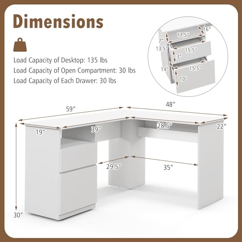 GOFLAME L-Shaped Desk, 59" Corner Computer Desk with File Drawer & Open Shelf, Large Workstation w/ 2 Cable Management Holes, Writing Study Desk for Home Office, White