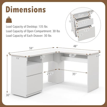 GOFLAME L-Shaped Desk, 59" Corner Computer Desk with File Drawer & Open Shelf, Large Workstation w/ 2 Cable Management Holes, Writing Study Desk for Home Office, White