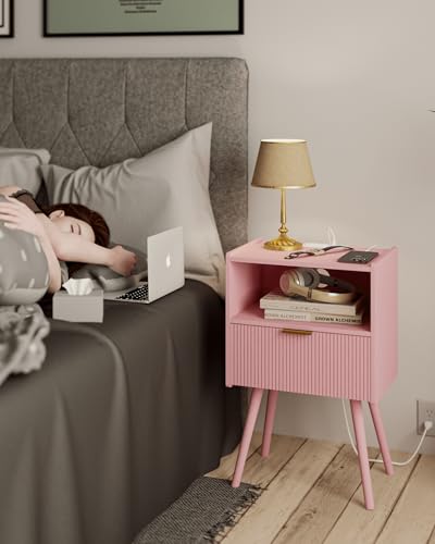 JOONEE Nightstand with Oultlet,Modern Bedside Table with Storage Drawer and Open Wood Shelf, for Living Room, Bedroom and Small Spaces, Accent Night Stand with Solid Wood Legs, Easy Assembly,Pink - color: Pink-outlet