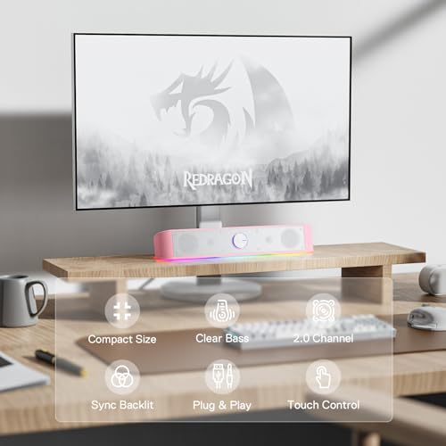 Redragon GS560 RGB Desktop Soundbar, 2.0 Channel Computer Speaker with Dynamic Lighting Bar Audio-Light Sync/Display, Touch-Control Backlit with Volume Knob, USB Powered w/ 3.5mm Cable, Pink - color: Pink