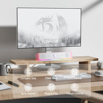 Redragon GS560 RGB Desktop Soundbar, 2.0 Channel Computer Speaker with Dynamic Lighting Bar Audio-Light Sync/Display, Touch-Control Backlit with Volume Knob, USB Powered w/ 3.5mm Cable, Pink - color: Pink