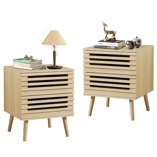 weselon Small Nightstand Set of 2, Boho End Tables with 2 Storage Hollowed-Out Drawers, Bedroom Bedside Table Storage Side Table for Bedroom Living Room (2, Natural Oak)