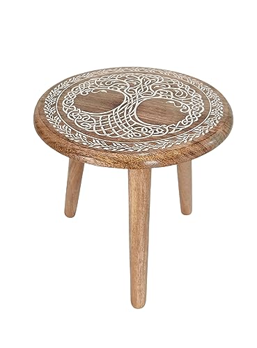 VANIYA CRAFTS® Wooden Engraved Fold-able Side Table/End Table/Plant Stand/Stool for Living Room Bedroom Restaurant Kids Play Furniture Table Round Shape (Natural White 4) - color: Natural White 4