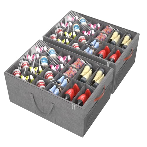 Aokeyee 2 Pack Shoe Organizer for Closet, Large Shoe Storage Box, Grey | Fits up to 48 Pairs, Stackable, Space Saving, Foldable, Shoes Organizer Bin with Clear Cover, 4 Reinforced Handles - color: Grey, size: Fits up to 48 Pairs