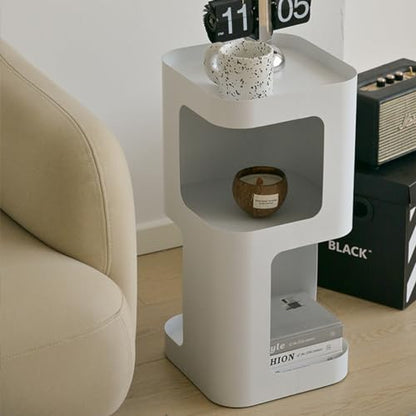 Modern Side Table, Small End Table for Small Spaces, Metal Nightstand with Storage Shelf, Space-Saving Bedside Table Accent Table Drink Tables for Living Room, Bedroom, No Assembly Required - color: White Trumpet