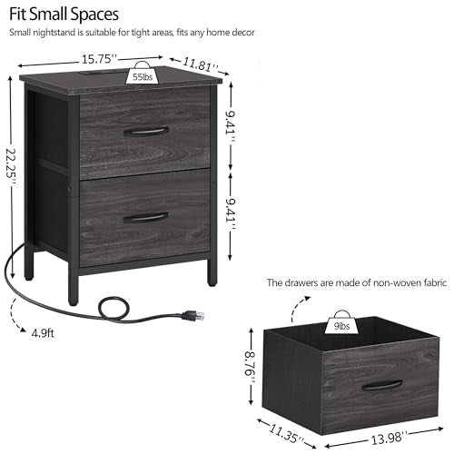 Vagusicc Nightstand Set of 2 with Charging Station, End Table Bedside Table with Power Outlet & USB Ports, Side Table with 2 Fabric Drawers for Bedroom, Living Room, Gray Walnut - color: Gray Walnut (2 Pack)